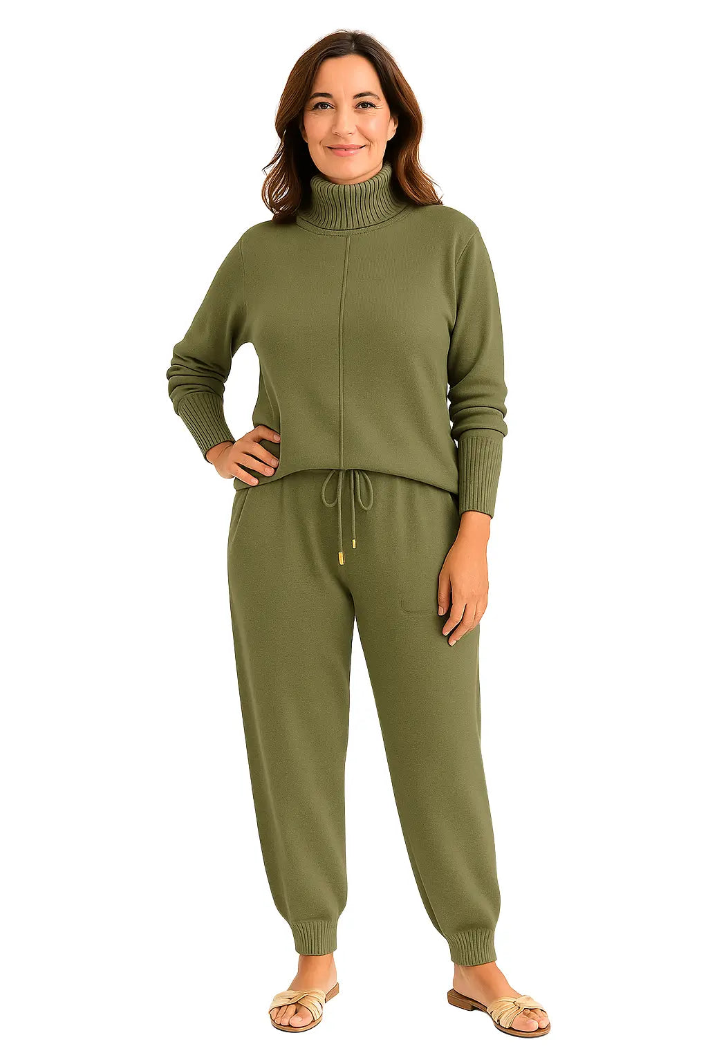 Mulher Usando Conjunto Feminino em Trico com Gola Alta e Calça Harem