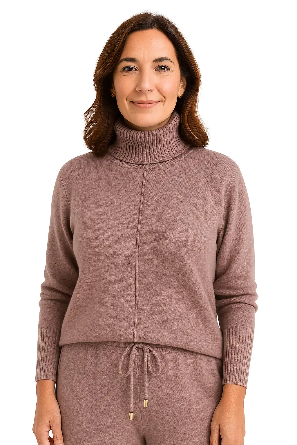 Mulher Usando Conjunto Feminino em Trico com Gola Alta e Calça Harem