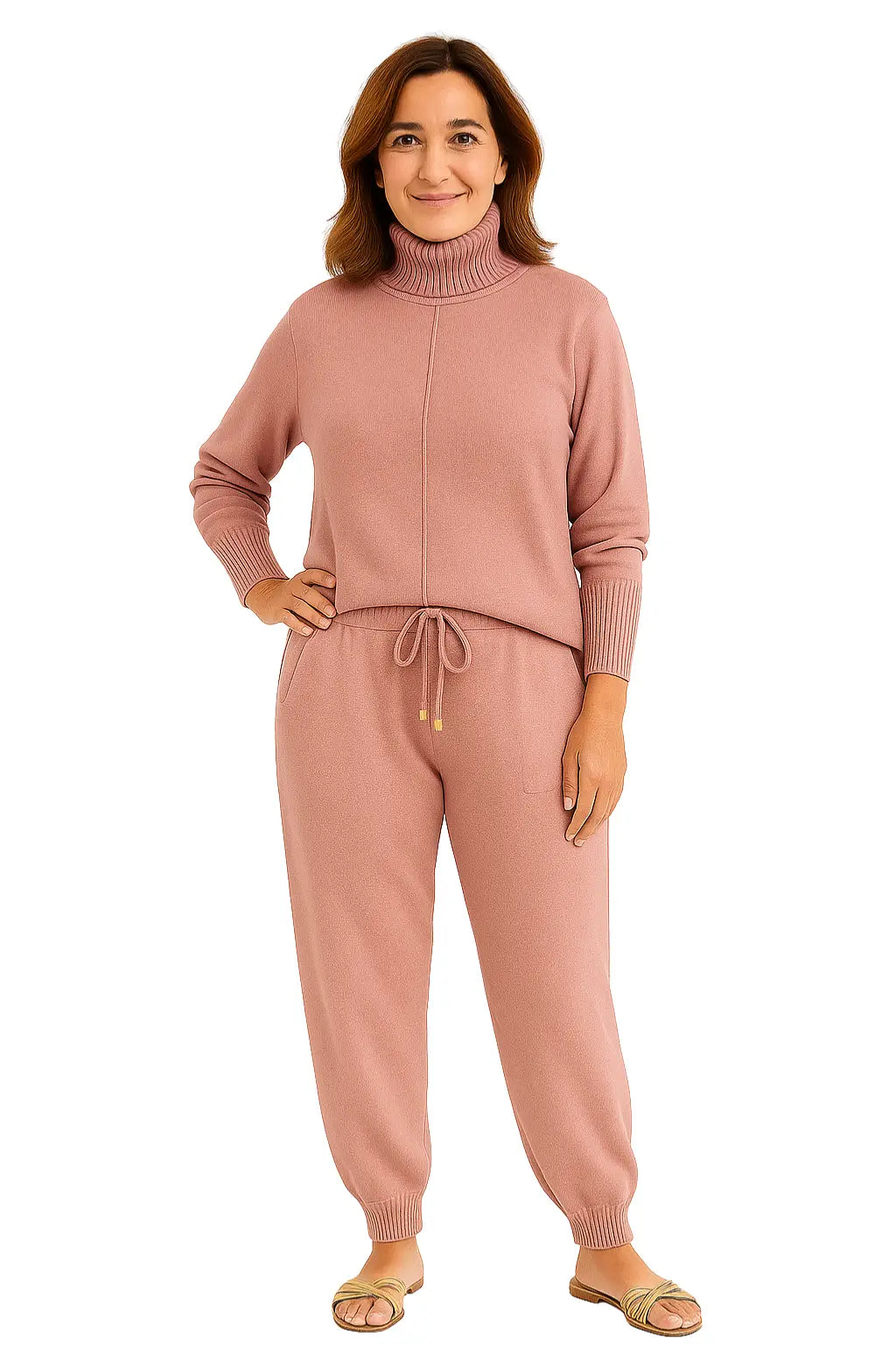 Mulher Usando Conjunto Feminino em Trico com Gola Alta e Calça Harem
