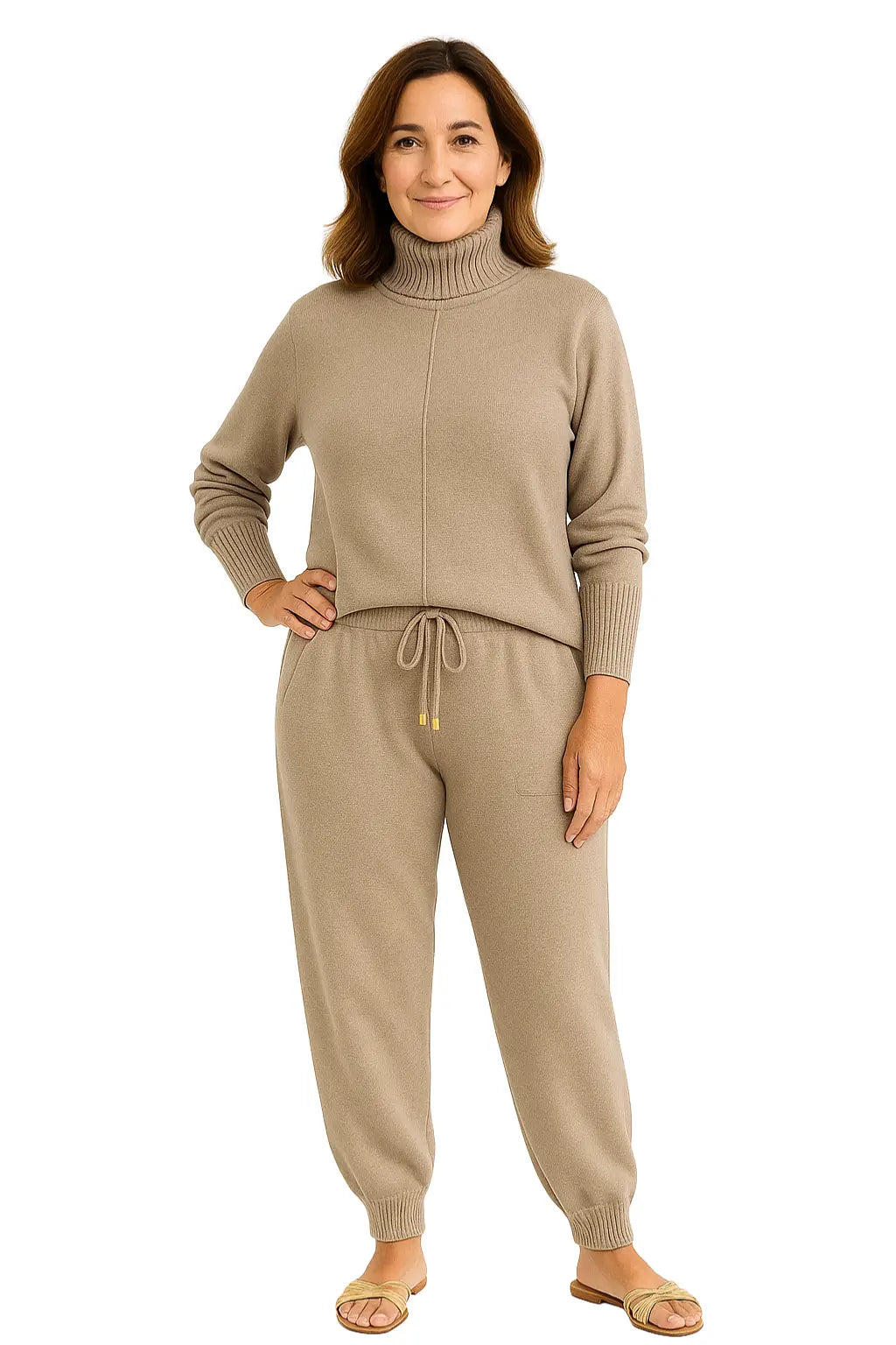 Mulher Usando Conjunto Feminino em Trico com Gola Alta e Calça Harem