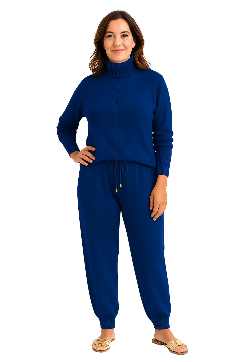 Mulher Usando Conjunto Feminino em Trico com Gola Alta e Calça Harem