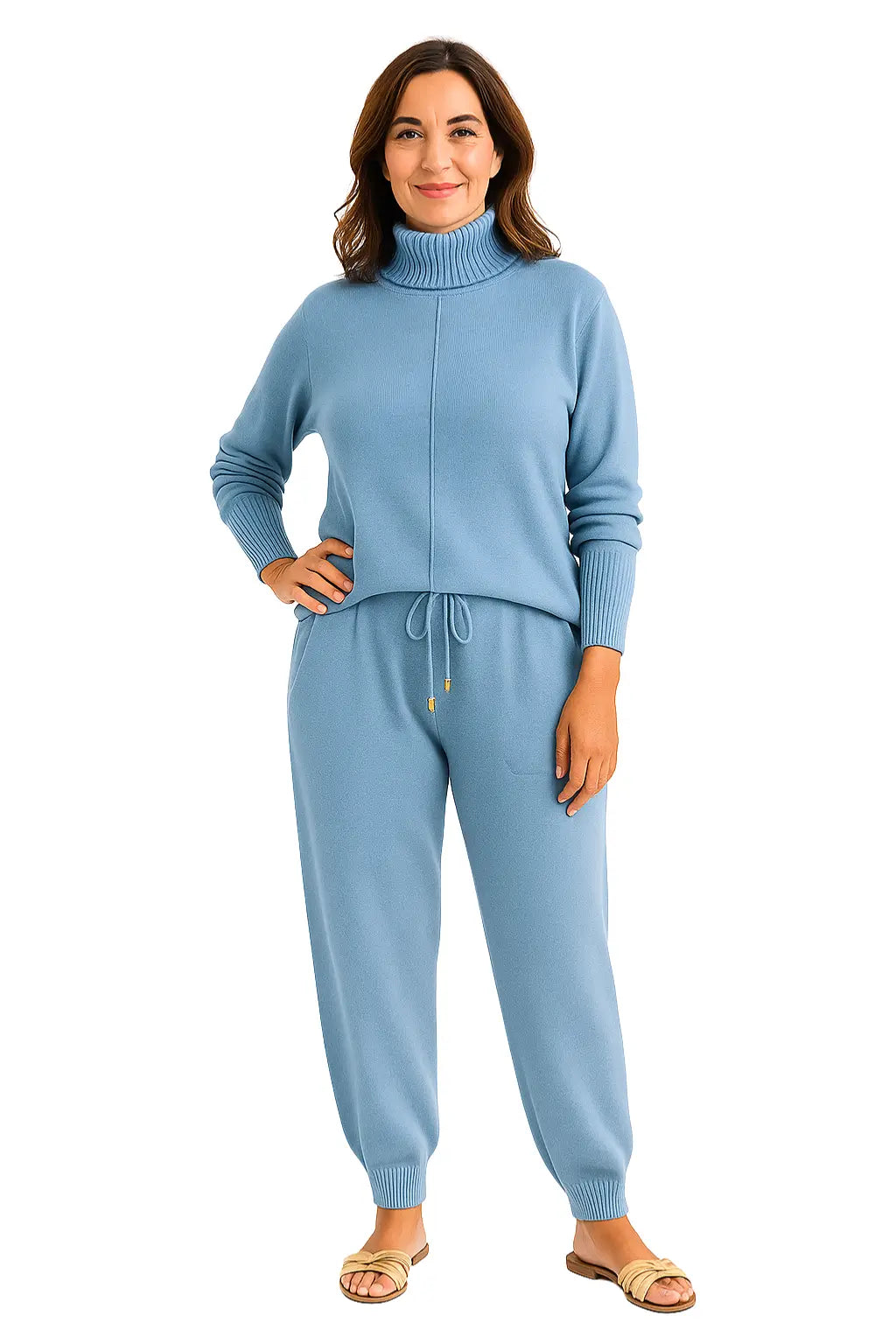 Mulher Usando Conjunto Feminino em Trico com Gola Alta e Calça Harem