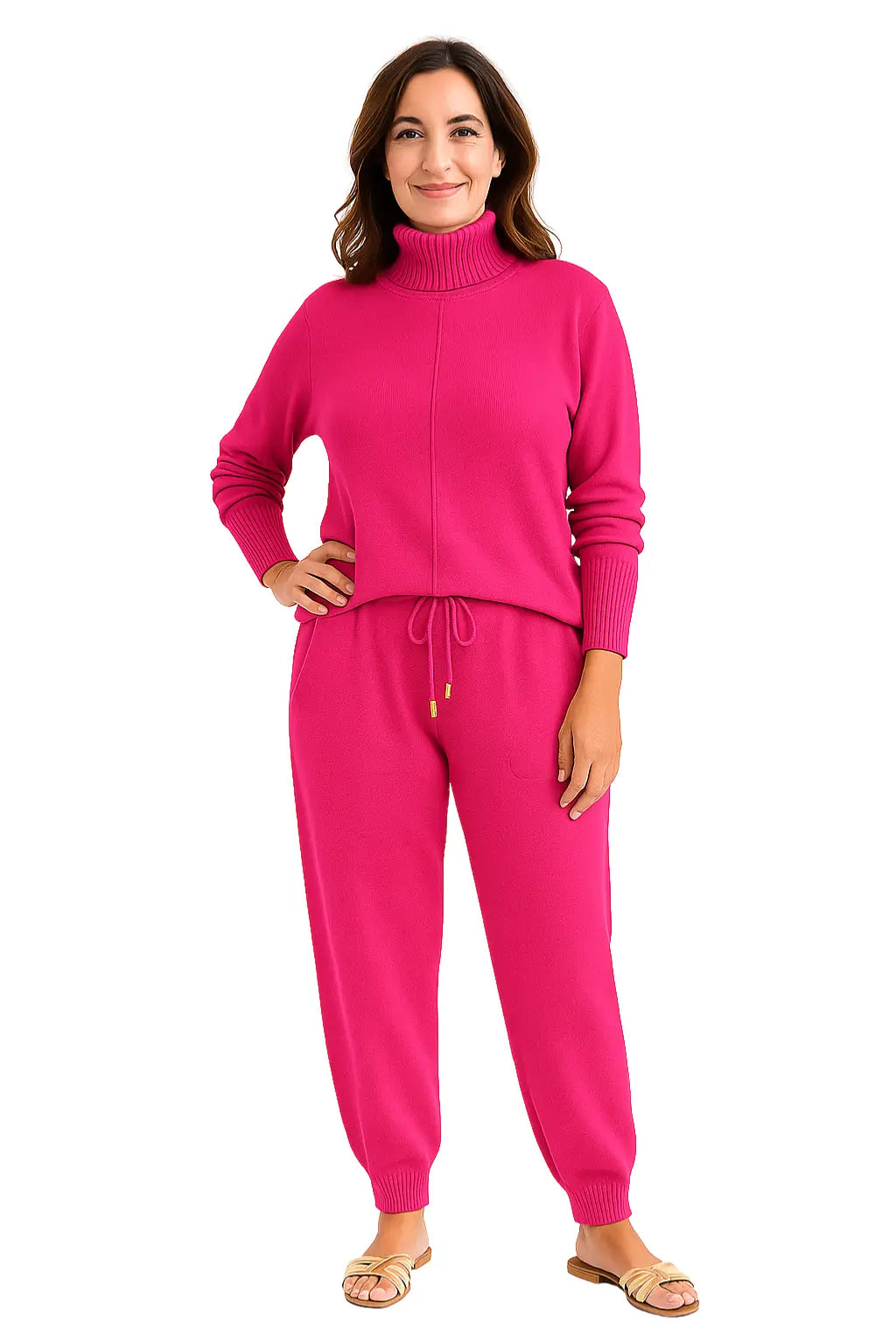 Mulher Usando Conjunto Feminino em Trico com Gola Alta e Calça Harem