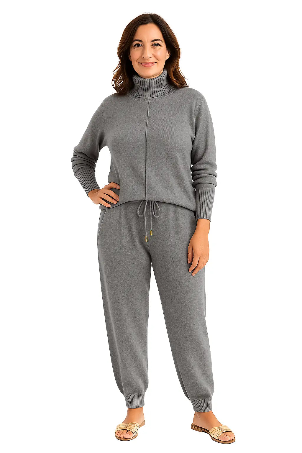 Mulher Usando Conjunto Feminino em Trico com Gola Alta e Calça Harem