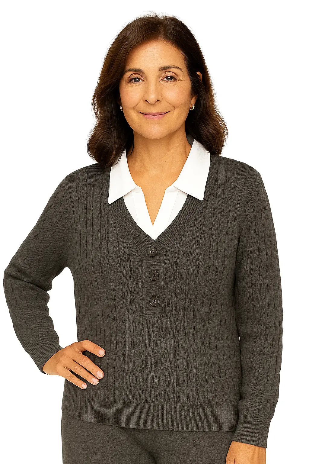 Mulher Usando Conjunto Feminino em Tricô com Gola Polo e Calça Pantalona