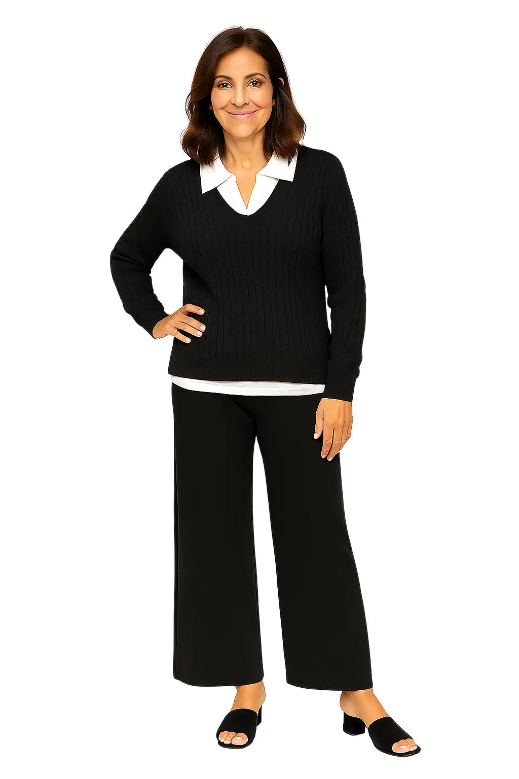 Mulher Usando Conjunto Feminino em Tricô com Gola Polo e Calça Pantalona