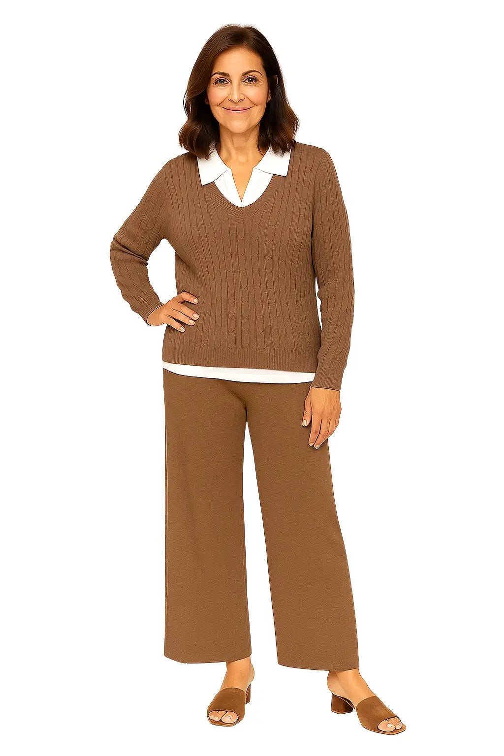 Mulher Usando Conjunto Feminino em Tricô com Gola Polo e Calça Pantalona