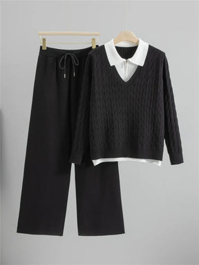 Conjunto Feminino em Tricô com Gola Polo e Calça Pantalona
