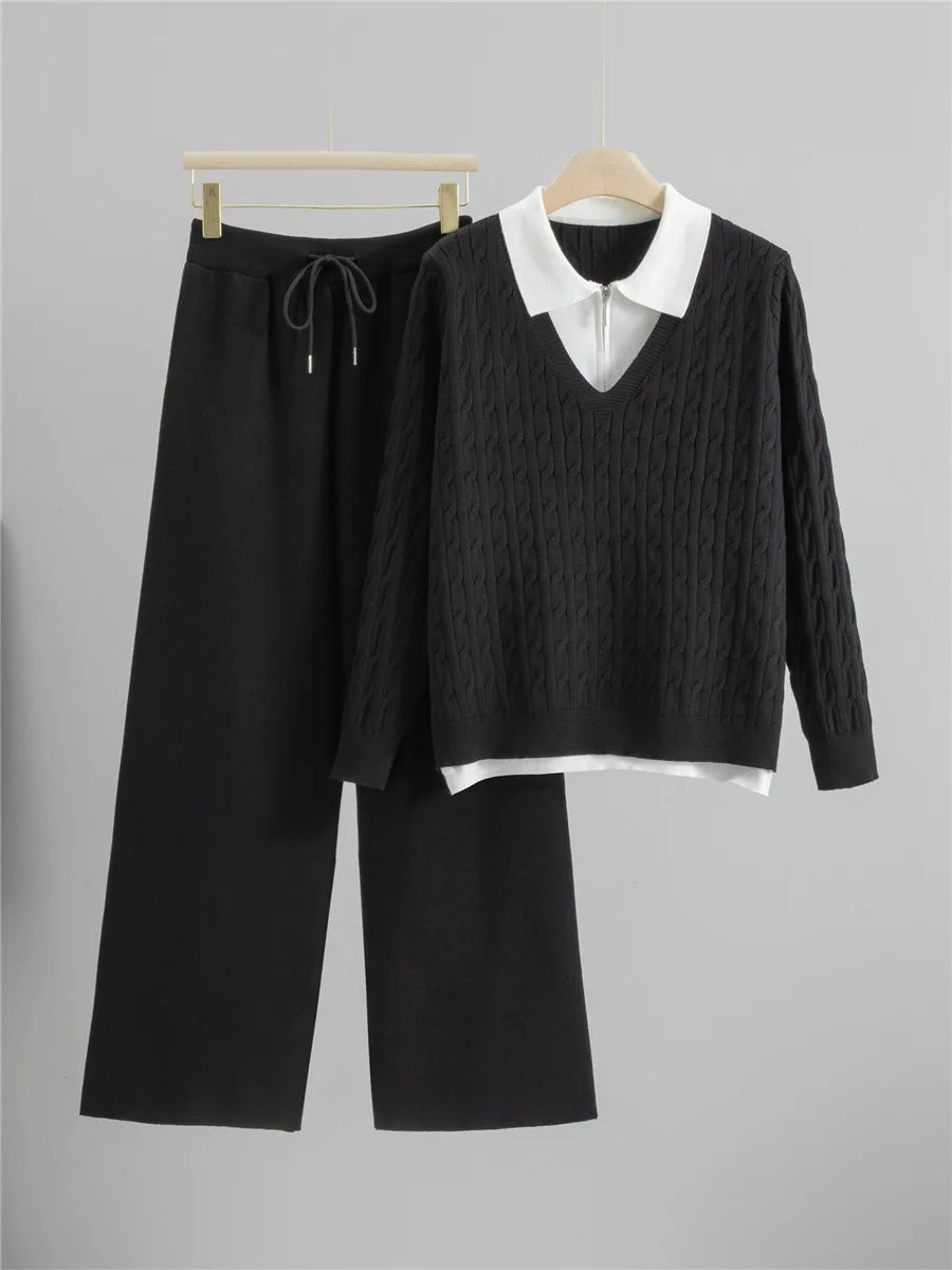  Conjunto Feminino em Tricô com Gola Polo e Calça Pantalona