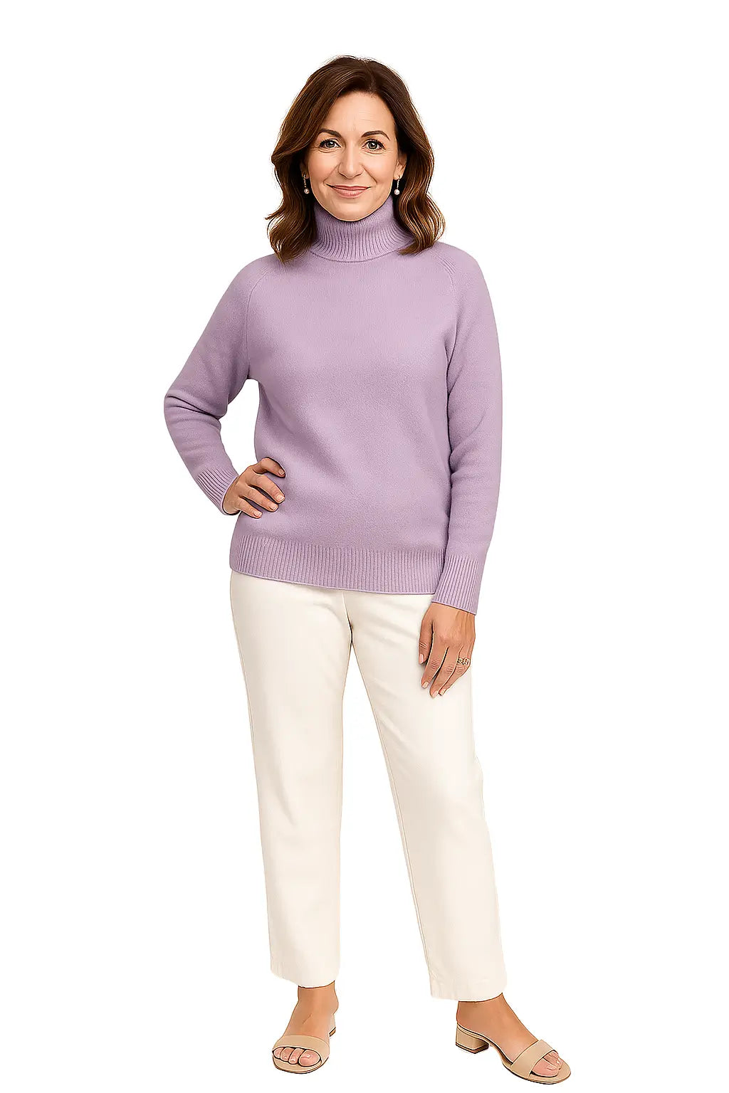 Mulher Usando Suéter Feminino Aurora Gola Alta em Tricô