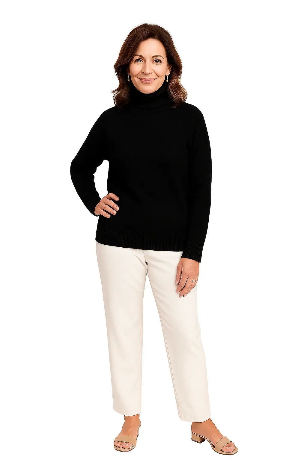 Mulher Usando Suéter Feminino Aurora Gola Alta em Tricô