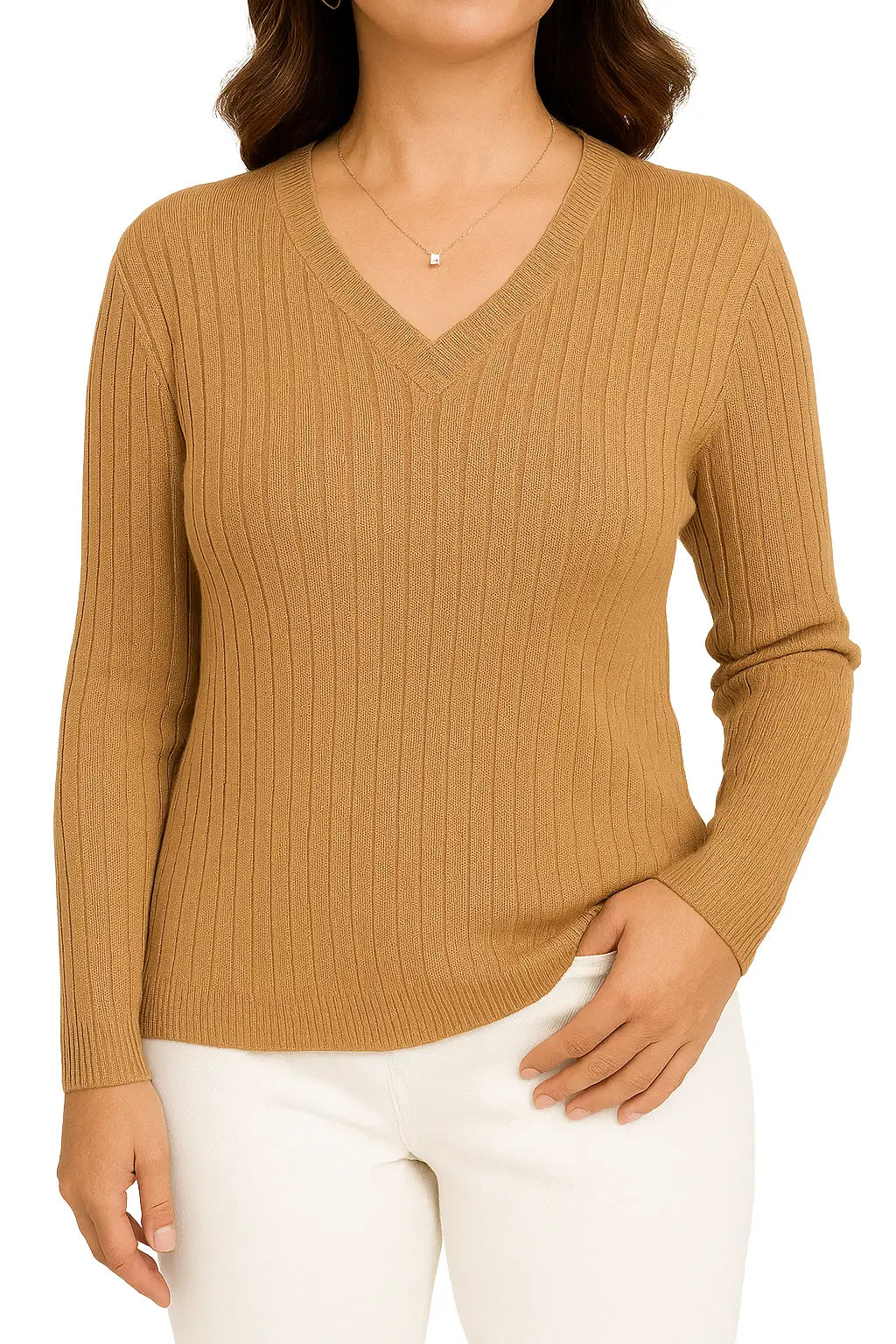 Mulher usando Suéter Feminino Gola V Listrado