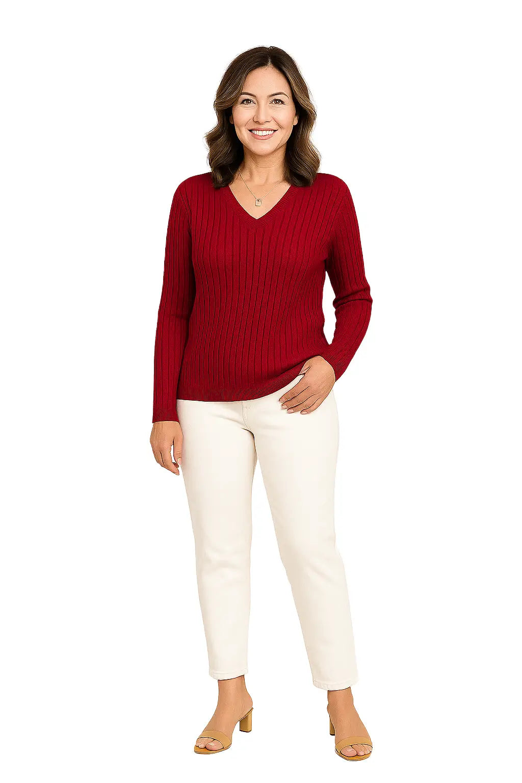 Mulher usando Suéter Feminino Gola V Listrado