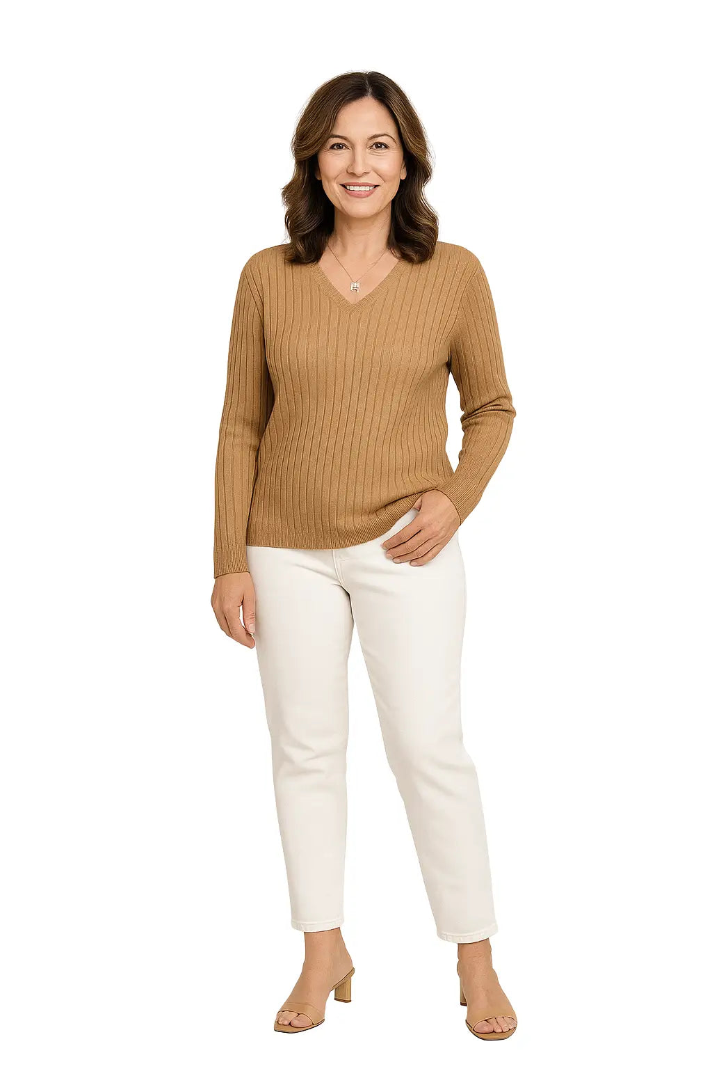 Mulher usando Suéter Feminino Gola V Listrado