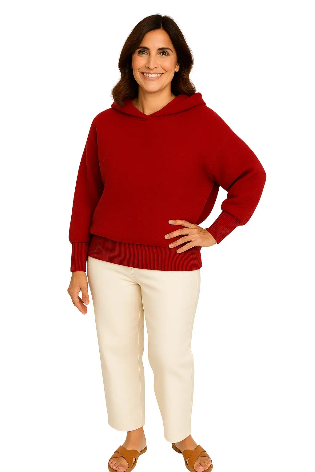 Mulher Usando Suéter Feminino com Capuz em Lã Merino