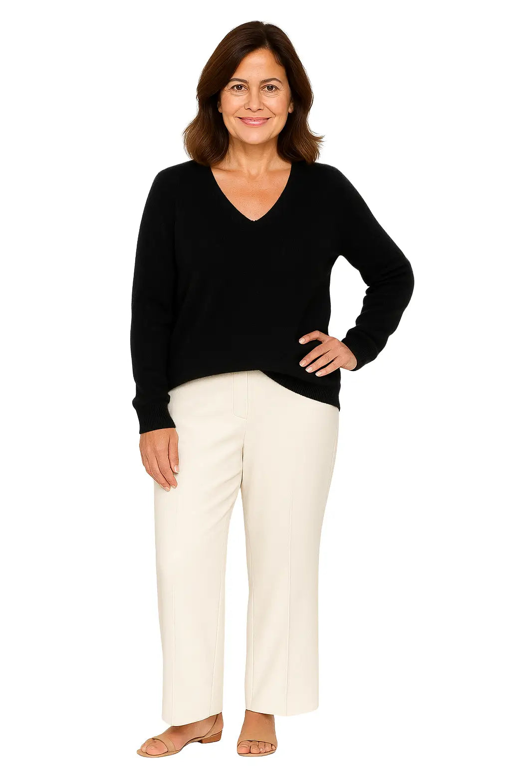 Mulher usando Suéter Feminino em La Merino com Decote V