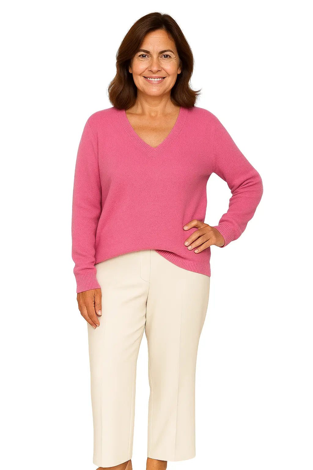 Mulher usando Suéter Feminino em La Merino com Decote V