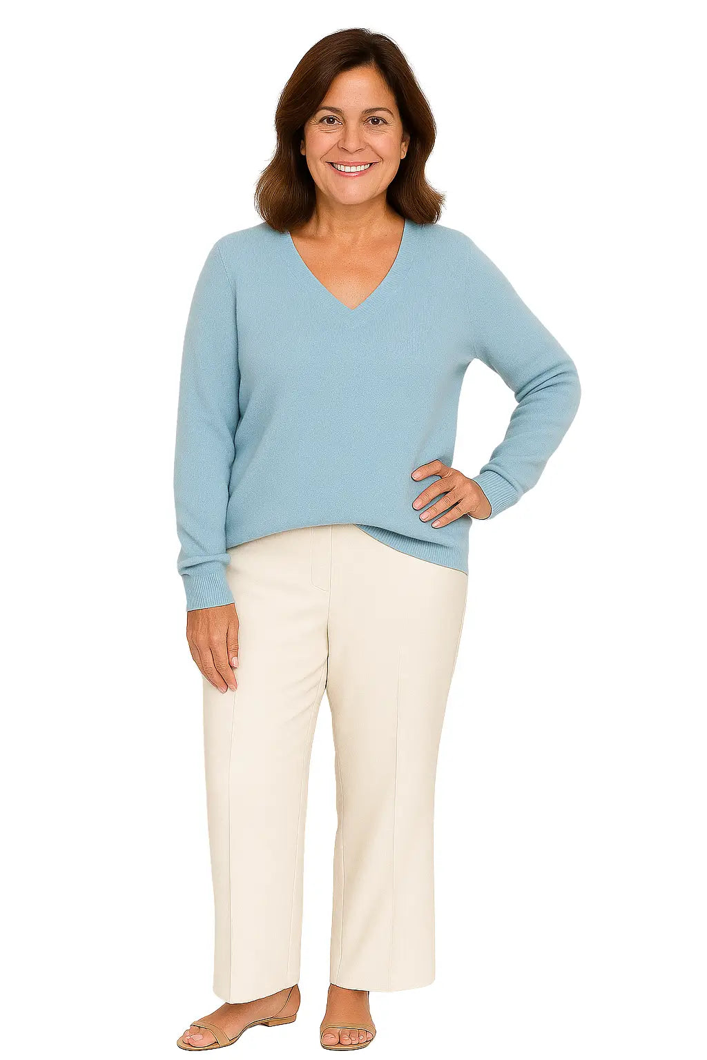 Mulher usando Suéter Feminino em La Merino com Decote V