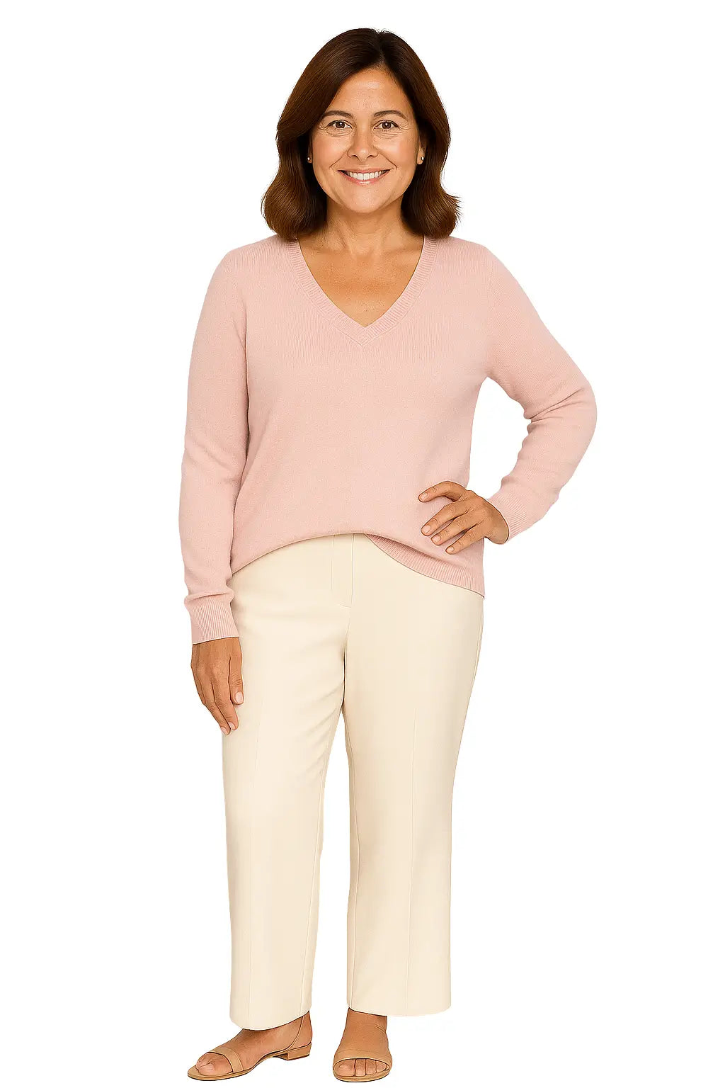 Mulher usando Suéter Feminino em La Merino com Decote V