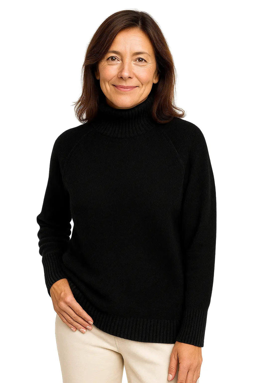 Mulher Usando Suéter Feminino em Lã Merino com Gola Alta
