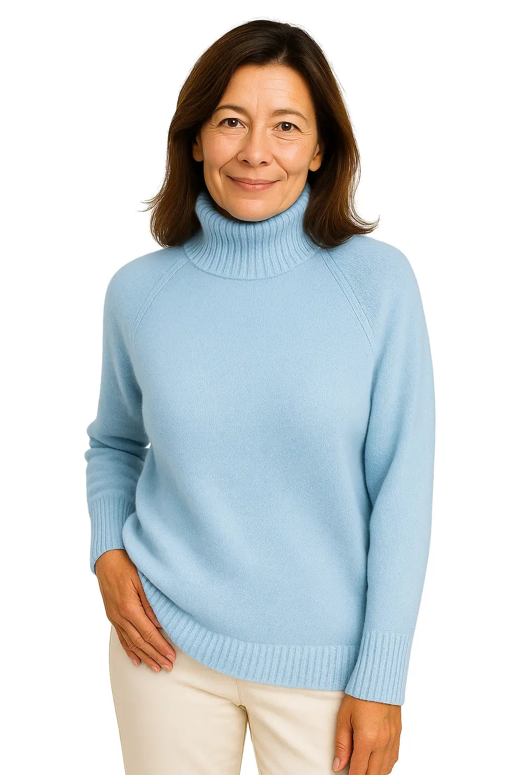 Mulher Usando Suéter Feminino em Lã Merino com Gola Alta