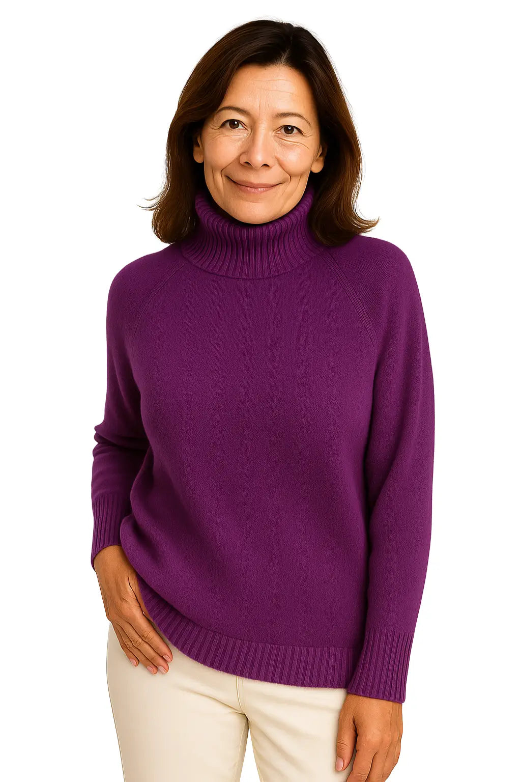 Mulher Usando Suéter Feminino em Lã Merino com Gola Alta