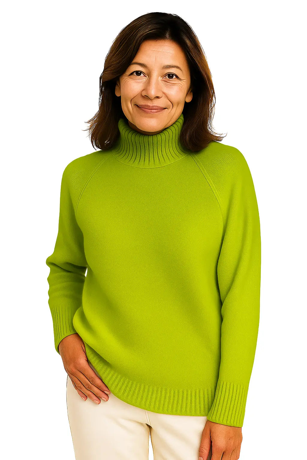 Mulher Usando Suéter Feminino em Lã Merino com Gola Alta