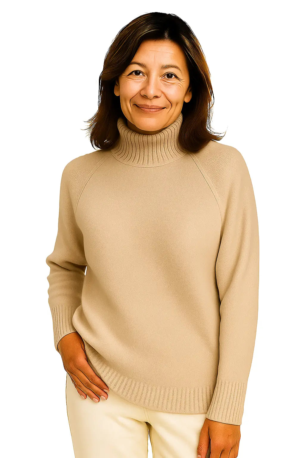 Mulher Usando Suéter Feminino em Lã Merino com Gola Alta