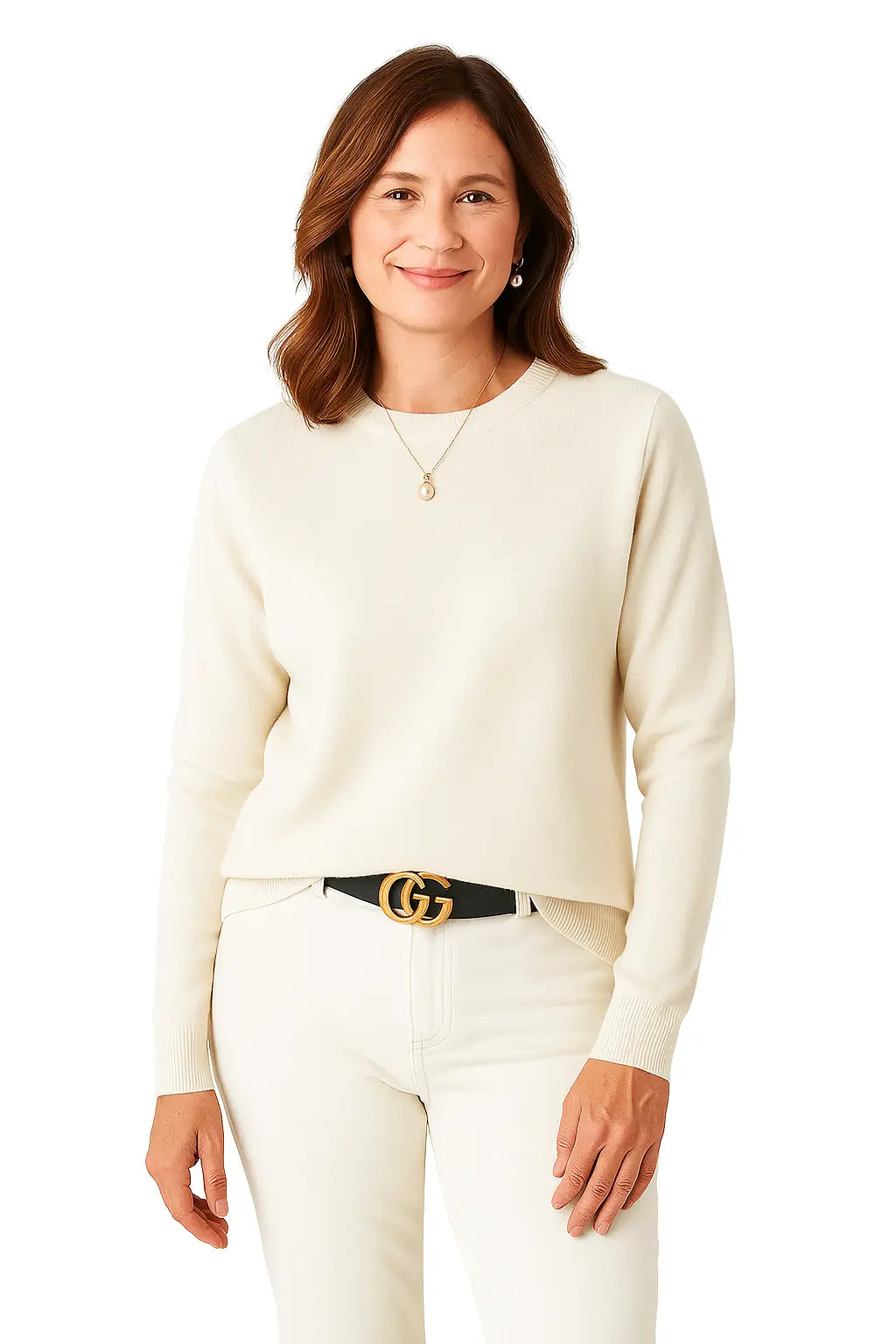 Mulher Vestida com Suéter Feminino em Lã Merino com Gola Redonda
