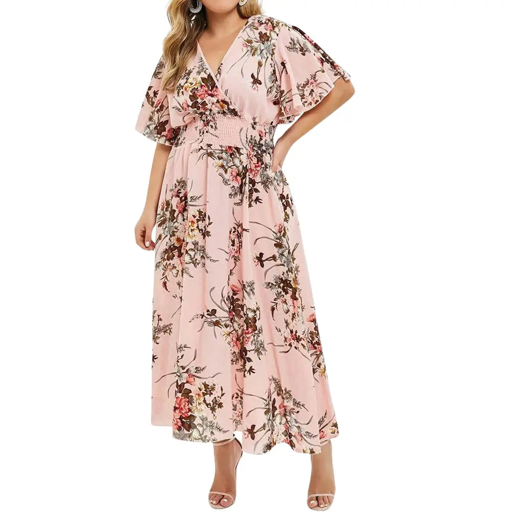 Vestido Aurora floral rosa com estampa lisa delicada, ideal para ocasiões casuais e elegantes, com mangas curtas e caimento leve para o verão.