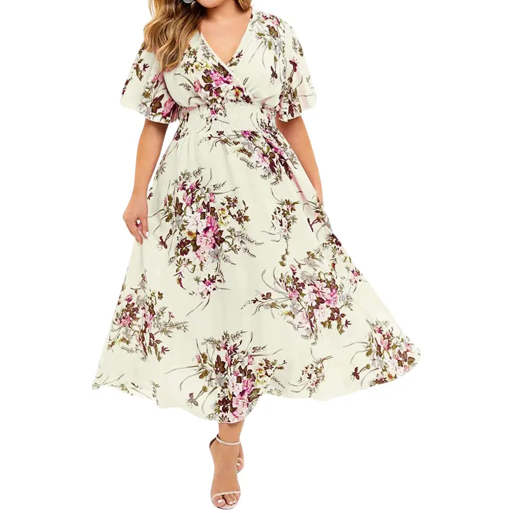 Vestido Aurora floral verde claro com estampa lisa delicada, ideal para ocasiões casuais e elegantes, com mangas curtas e caimento leve para o verão.