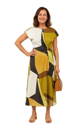 Vestido midi estampado vintage com gola redonda e cintura ajustada – moda casual feminina verão 