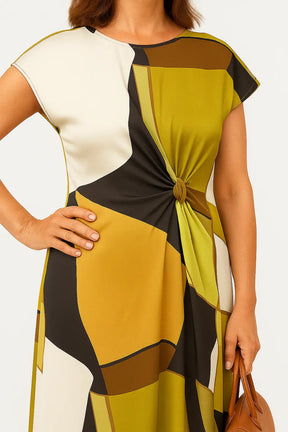 Vestido midi estampado vintage com gola redonda e cintura ajustada – moda casual feminina verão 