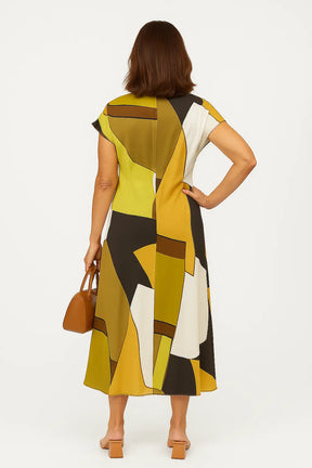 Vestido midi estampado vintage com gola redonda e cintura ajustada – moda casual feminina verão 