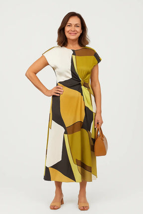 Vestido midi estampado vintage com gola redonda e cintura ajustada – moda casual feminina verão 