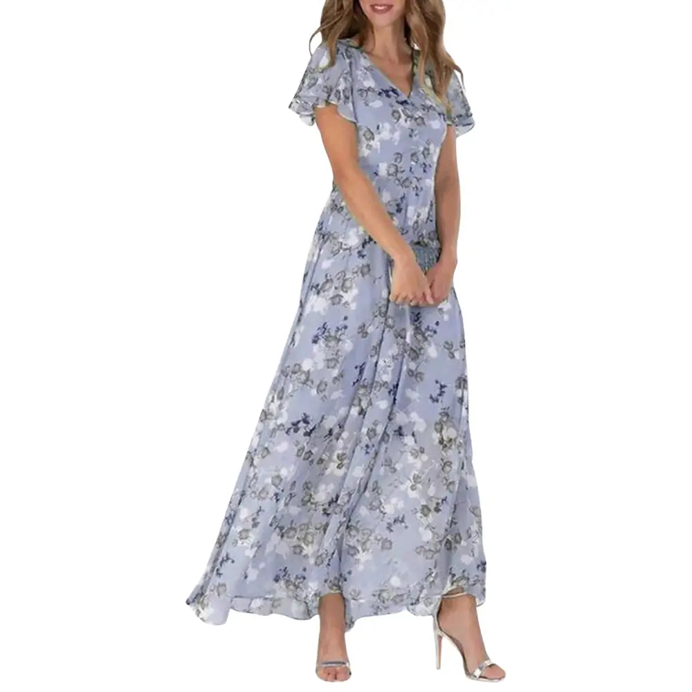 Vestido Aurora floral lilas com estampa lisa delicada, ideal para ocasiões casuais e elegantes, com mangas curtas e caimento leve para o verão.