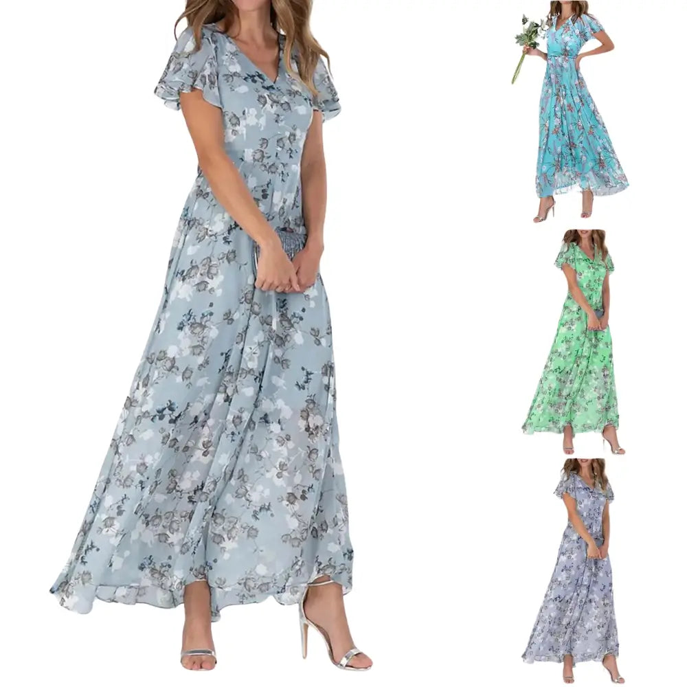 Vestido Aurora floral azul com estampa lisa delicada, ideal para ocasiões casuais e elegantes, com mangas curtas e caimento leve para o verão.