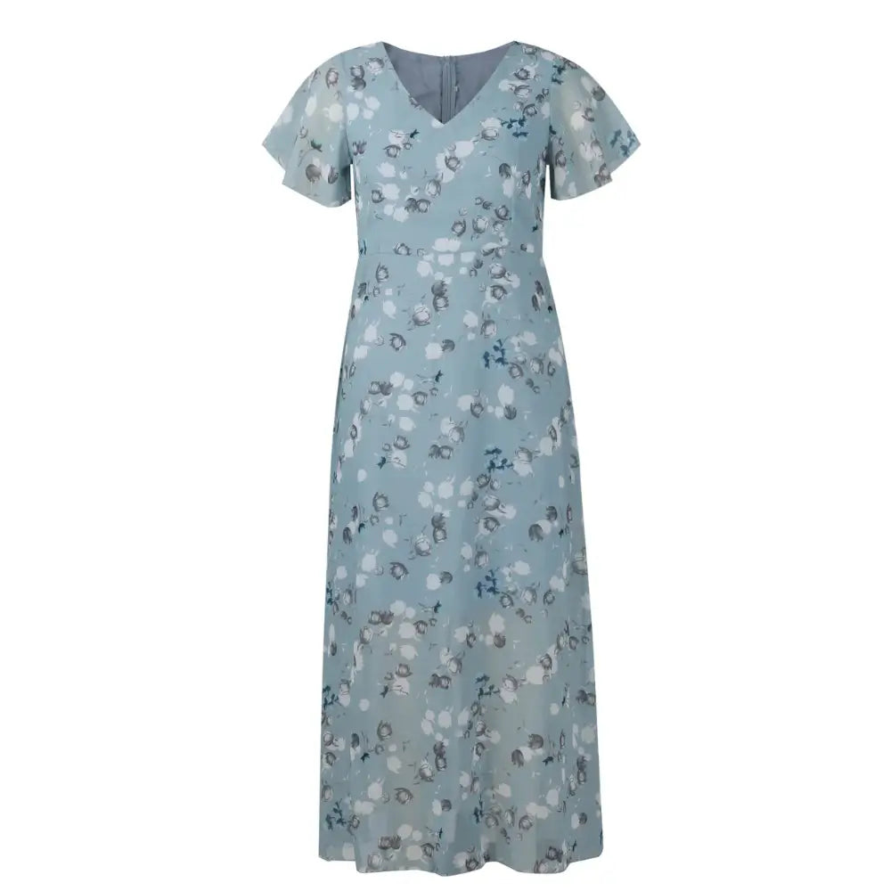 Vestido Aurora floral azul com estampa lisa delicada, ideal para ocasiões casuais e elegantes, com mangas curtas e caimento leve para o verão.